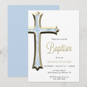 Invitación Baptismo de la Cruz Azul y Oro Clásico