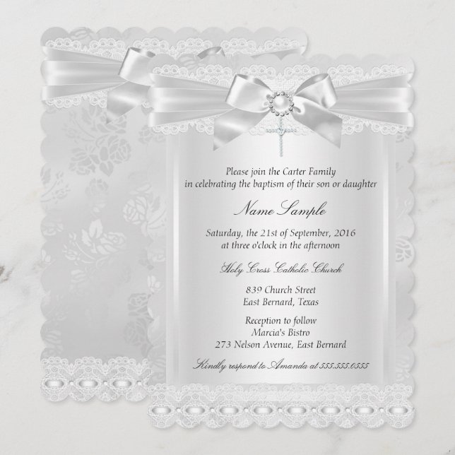 Invitación Baptismo de la cruz blanca del niño o Chica (Anverso / Reverso)