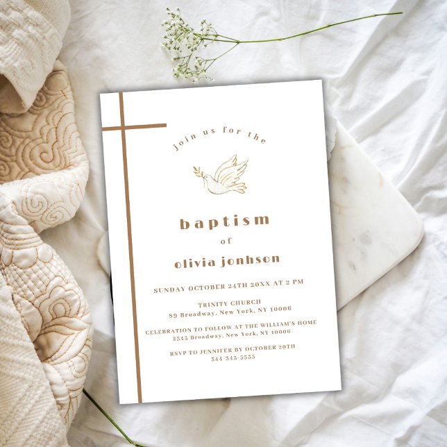 Invitación Baptismo de la Cruz de Aves Modernas de Oro (Gold French Modern Bird Cross Christening Baptism Invitation)