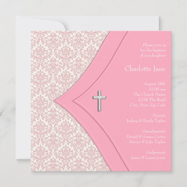 Invitación Baptismo de la cruz de damasco rosado en el Chica (Anverso)