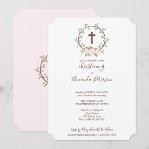 Invitación Baptismo de la cruz de flor rosada
