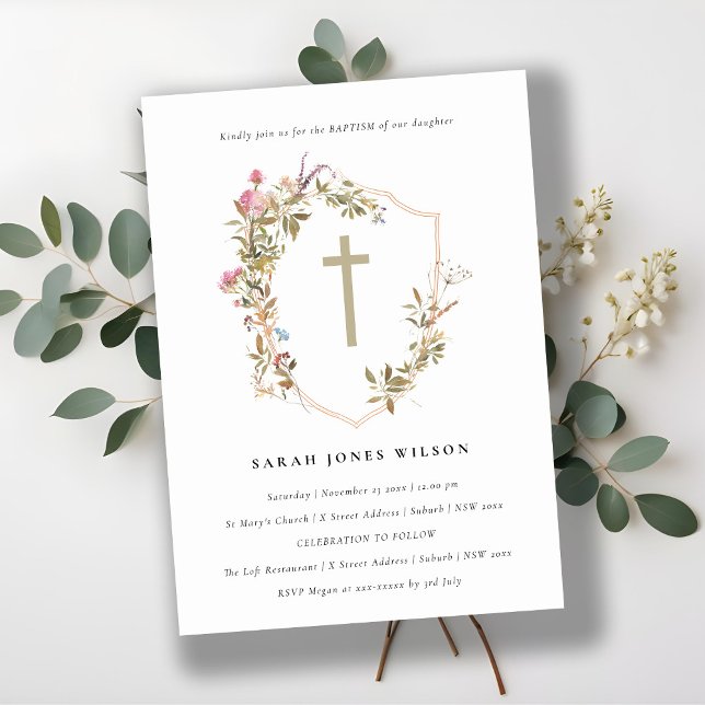 Invitación Baptismo de la Cruz de Flor Silvestre Dusky Pink R (Subido por el creador)