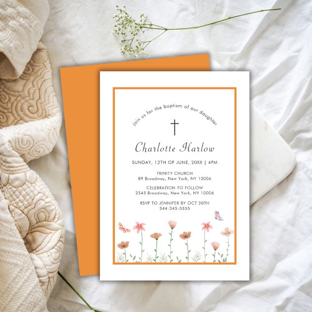 Invitación Baptismo de la cruz de flores silvestres rusas de  (Rustic Boho Floral Wildflower Cross Baptism Invitation)