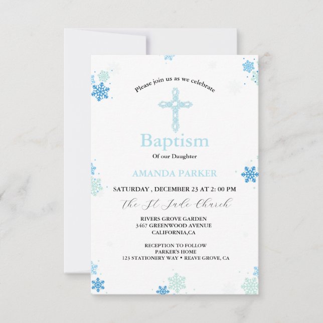 Invitación Baptismo de la cruz de invierno con copo de nieve (Anverso)