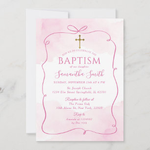 Invitación Baptismo de la Cruz de Oro de Bow Rosa chica