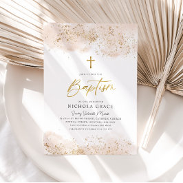 Invitación Baptismo de la Cruz de Oro de color de agua rosa