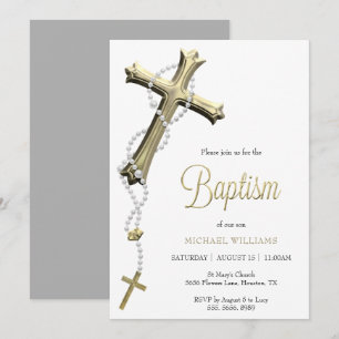 Invitación Baptismo de la Cruz de Oro Decorado con Rosario Bl