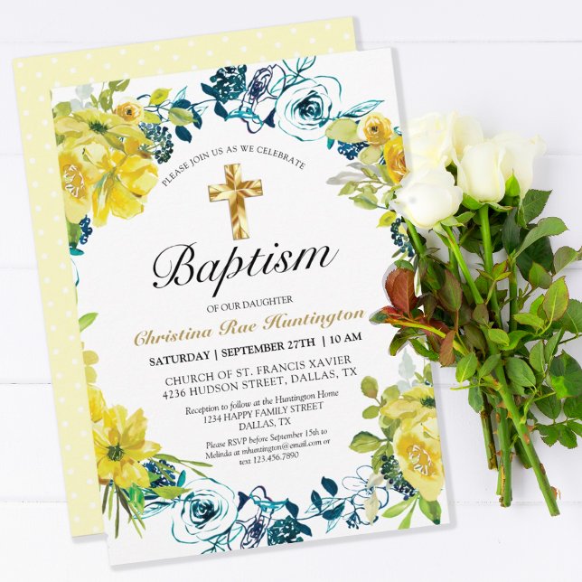 Invitación Baptismo de la Cruz de Oro Floral Amarillo (Subido por el creador)