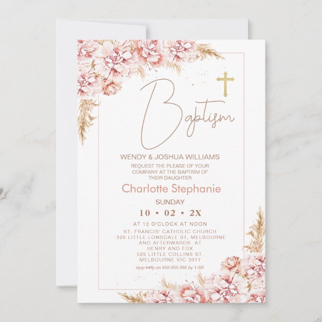 Invitación Baptismo de la Cruz de Oro Floral del Boho de Rubo (Anverso)