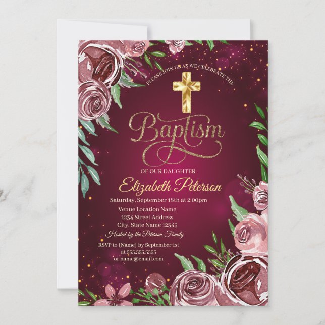 Invitación Baptismo de la Cruz de Oro Rosas de Borgoña (Anverso)