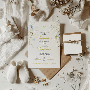 Invitación Baptismo de la cruz dorada floral elegante de oro