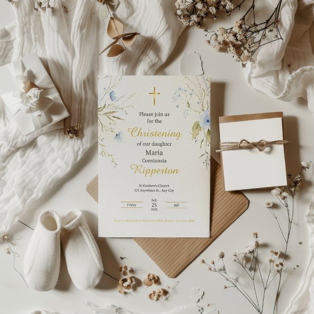 Invitación Baptismo de la cruz dorada floral elegante de oro  (Subido por el creador)