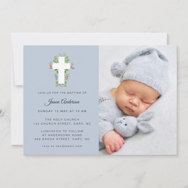 Invitación Baptismo de la Cruz Floral Azul y blanca (Anverso)