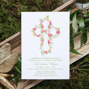 Invitación Baptismo de la Cruz Floral de color de agua rosa