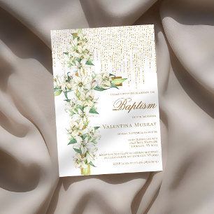 Invitación Baptismo de la Cruz Floral de Lirio Blanco Faux Go