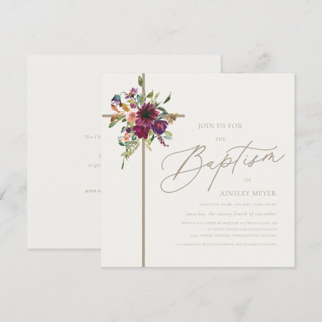 Invitación Baptismo de la Cruz Floral de Marfil y Borgoña (Anverso / Reverso)