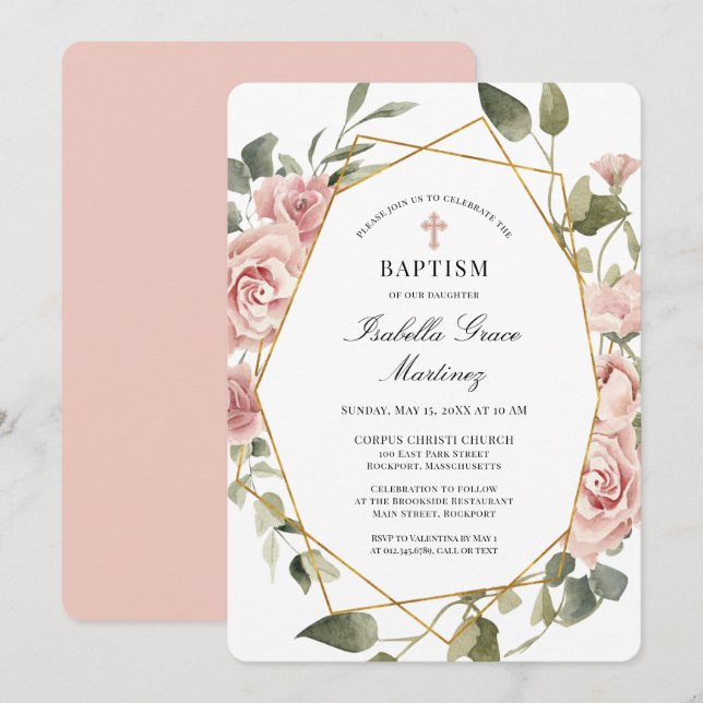 Invitación Baptismo de la Cruz Floral Rosa Duste (Anverso / Reverso)