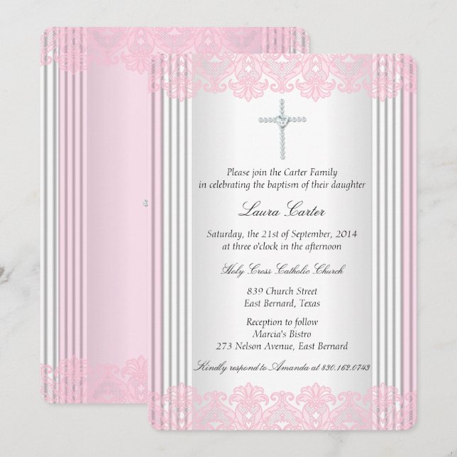 Invitación Baptismo de la cruz rosa blanca (Anverso / Reverso)