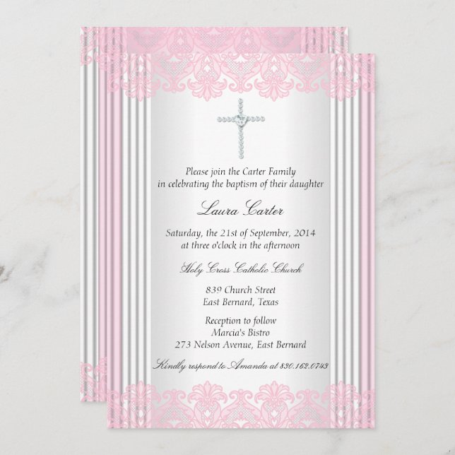 Invitación Baptismo de la cruz rosa blanca (Anverso / Reverso)