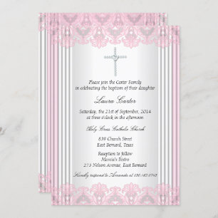 Invitación Baptismo de la cruz rosa blanca