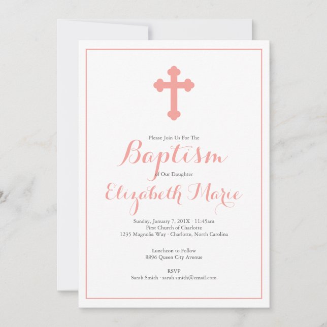 Invitación Baptismo de la cruz rosa de origen Chica Christeni (Anverso)