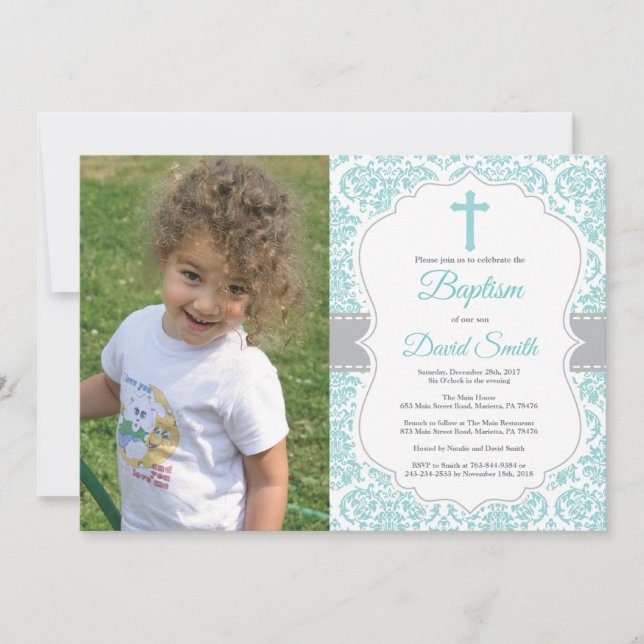 Invitación Baptismo de la Cruz Turquesa Verde azulada de Dama (Anverso)