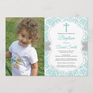 Invitación Baptismo de la Cruz Turquesa Verde azulada de Dama