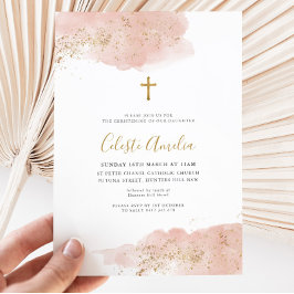 Invitación Baptismo de la cruza de oro color agua rosa