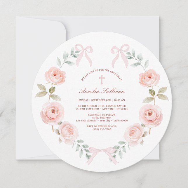 Invitación Baptismo de la floral rosa (Anverso)