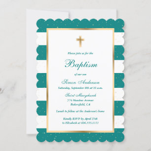 Invitación Baptismo de la franja de oro blanco Verde azulado 