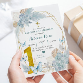 Invitación Baptismo de la mariposa azul Boho y primer cumplea