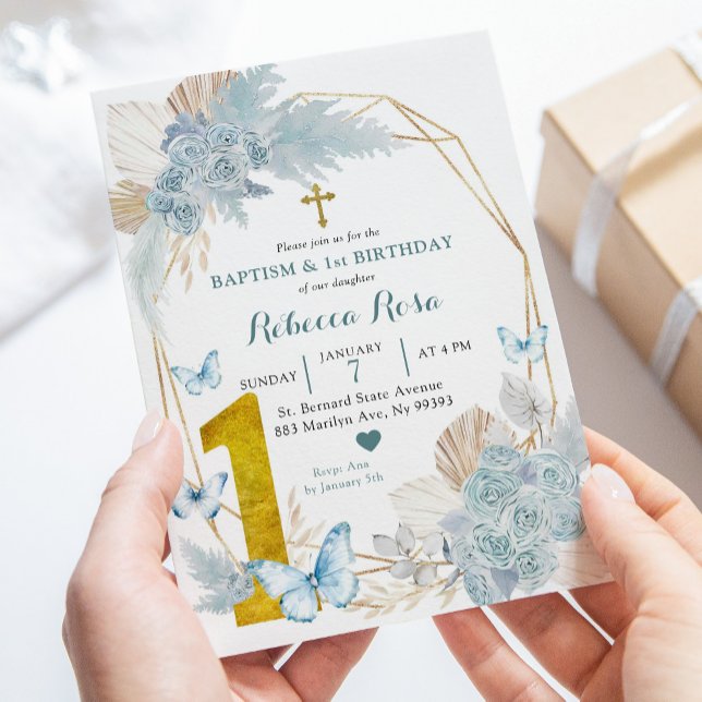 Invitación Baptismo de la mariposa azul Boho y primer cumplea (Subido por el creador)