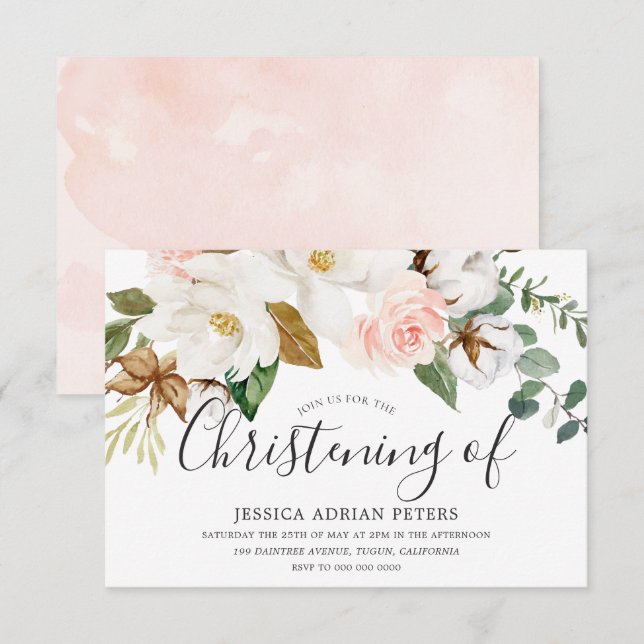 Invitación Baptismo de la niña floral blanca y de Rubor (Anverso / Reverso)