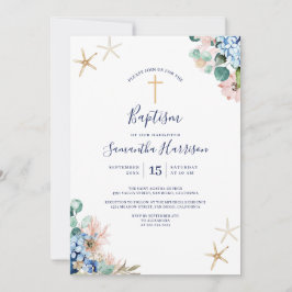Invitación Baptismo de la niña floral y náutica de la playa