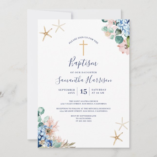 Invitación Baptismo de la niña floral y náutica de la playa (Anverso)