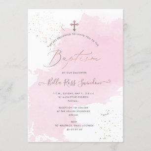 Invitación Baptismo de la observación de color de agua rosa d