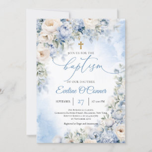 Invitación Baptismo de las flores azul y marfil del Boho Eleg