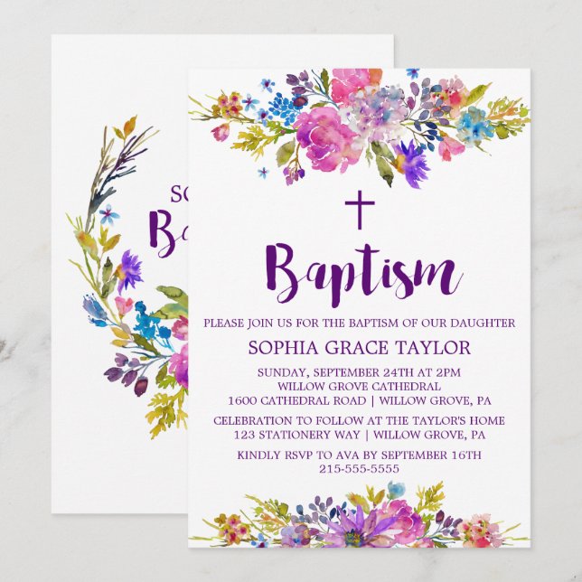 Invitación Baptismo de las flores púrpura y azul de ciruela (Anverso / Reverso)
