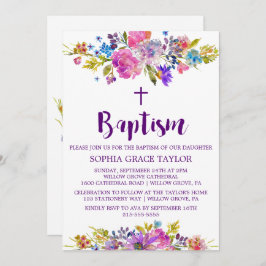 Invitación Baptismo de las flores púrpura y azul de ciruela