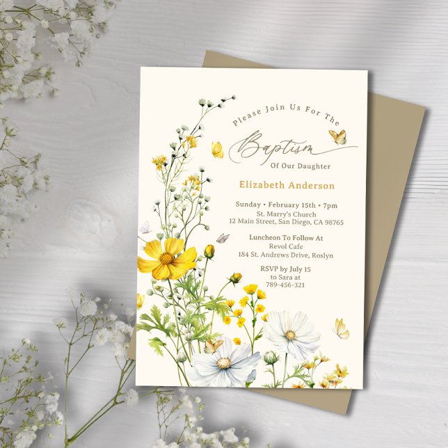 Invitación Baptismo de las mariposas botánicas del Jardín de  (Botanical Wildflower Garden Butterflies Baptism Invitation)