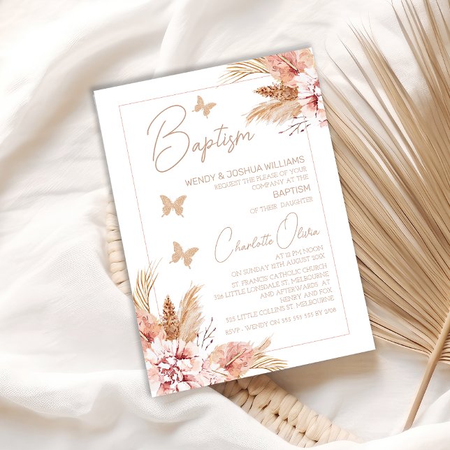 Invitación Baptismo de las mariposas florales de Rubor Boho (Boho Floral Butterflies Baptism Invitation For Baby Girl, Bohemian Floral Butterfly Baptism Invite)