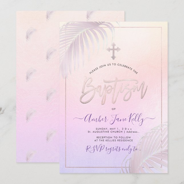 Invitación Baptismo de las palmas de plata rosa de PixDezines (Anverso / Reverso)