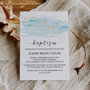 Invitación Baptismo de manchas de agua azul y oro