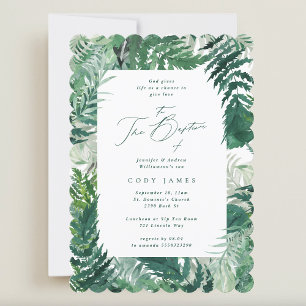 Invitación Baptismo de marco botánico elegante de Leafy verde