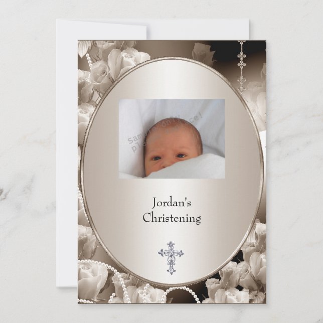 Invitación Baptismo de marco fotográfico de flores blancas y  (Anverso)