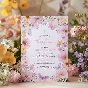 Invitación Baptismo de mariposa Chica morado rosa floral