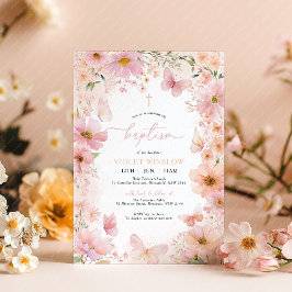 Invitación Baptismo de mariposa Chica rosa floral