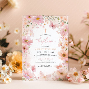 Invitación Baptismo de mariposa Chica rosa floral