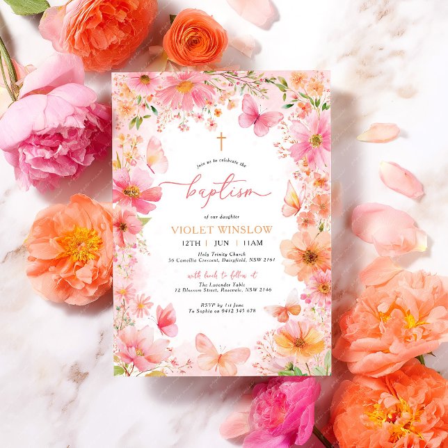Invitación Baptismo de mariposa floral Chica Naranja rosa (Pink Orange Baptism Invitation with vibrant flowers and butterflies. )