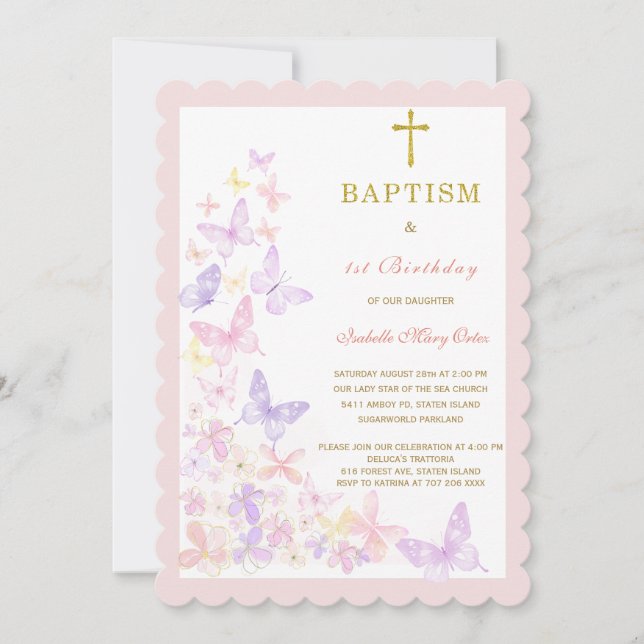 Invitación Baptismo de mariposas primero y cumpleaños (Anverso)